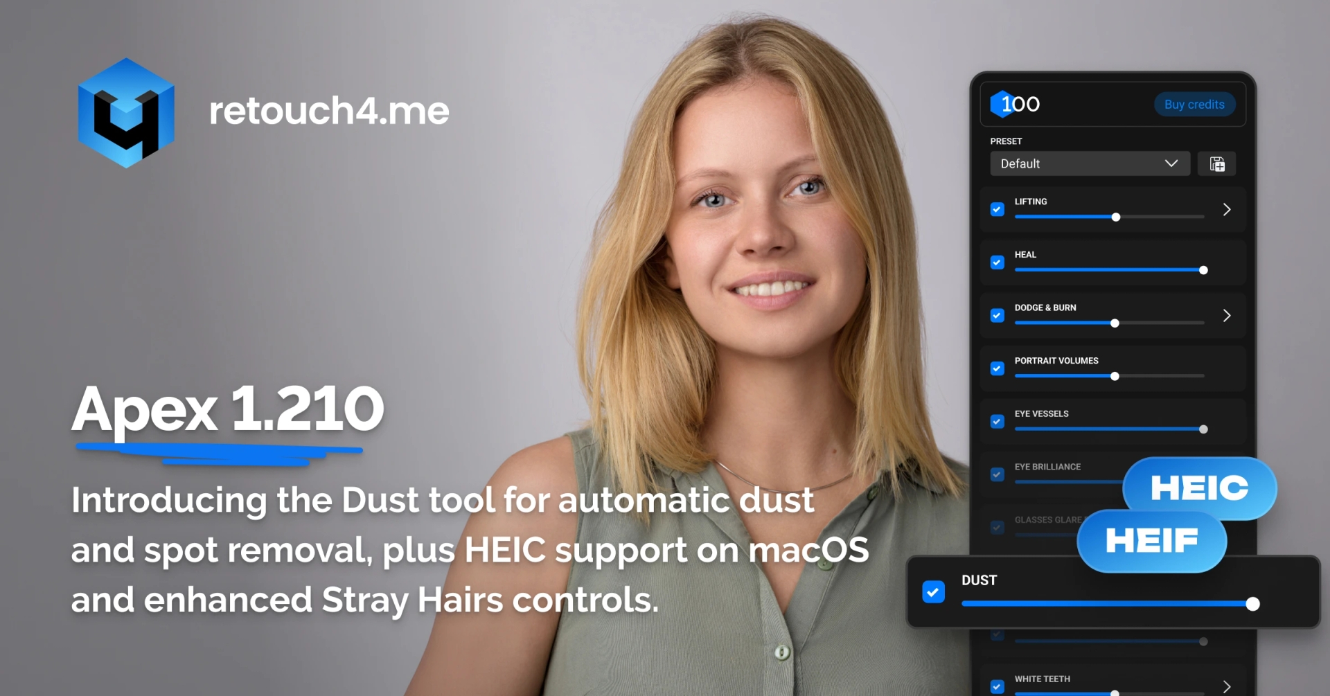 Обновление Retouch4me Apex v1.210: DUST, поддержка HEIC и новые возможности Stray Hairs
