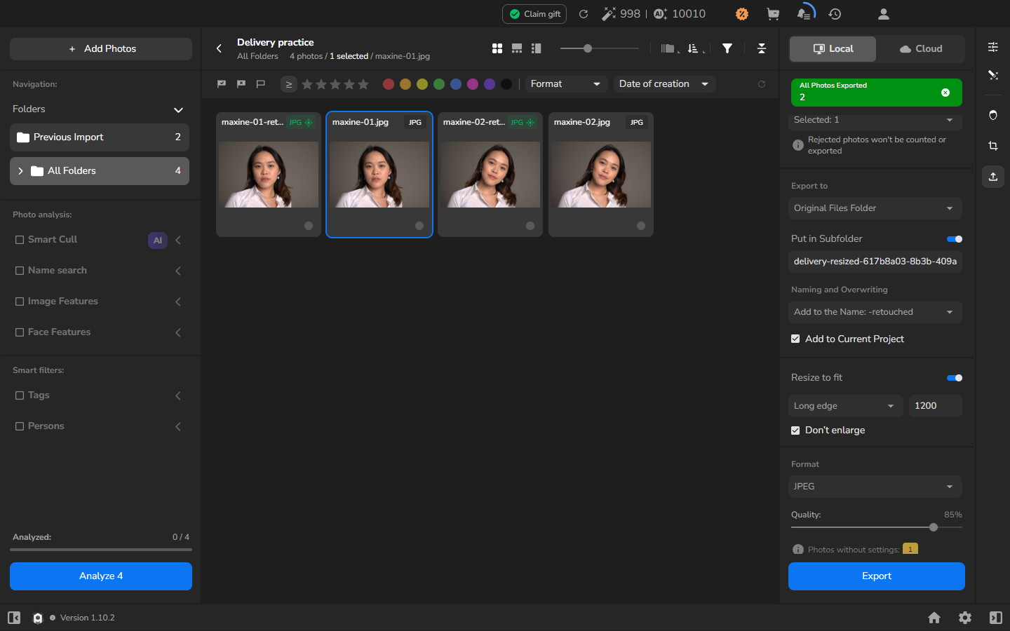All Folders in the Delivery practice project showing two source photographs and two exported JPEG copies after they were added to the project.