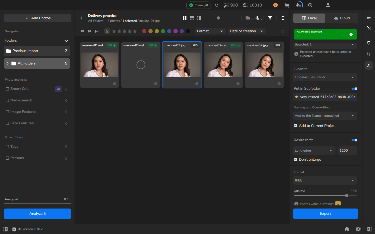 All Folders showing five photographs after one original was exported again to a folder that already contained a generated copy, with a green message confirming one exported file.