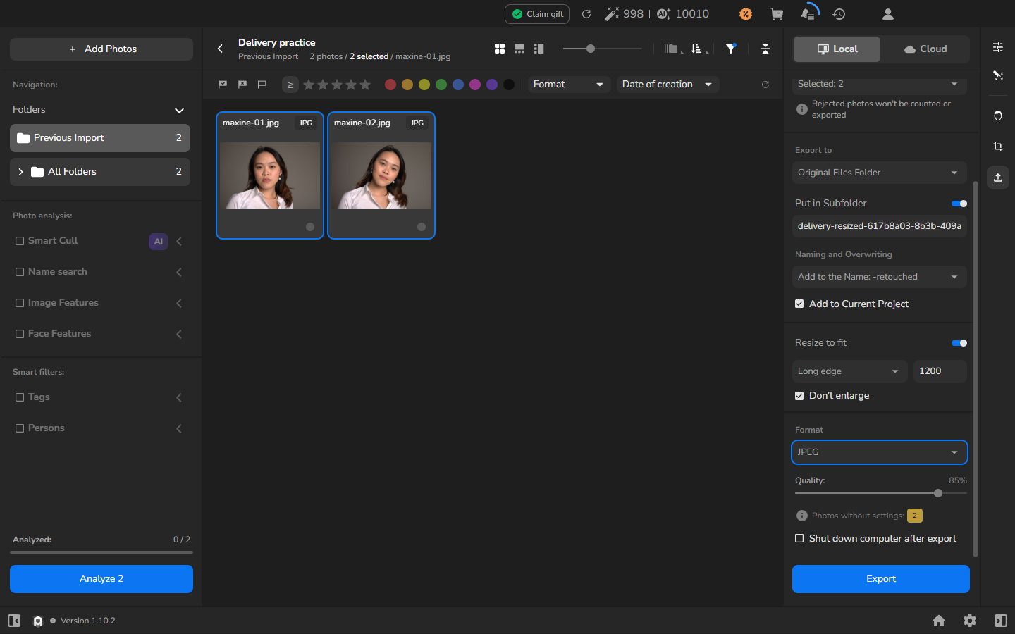 Export settings with Add to Current Project and Resize to fit turned on, Long edge selected, 1200 entered, and Do not enlarge checked.