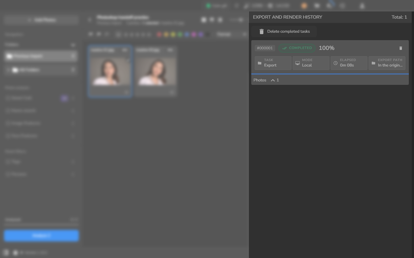 Export and Render History showing one local export task marked COMPLETED at 100 percent.