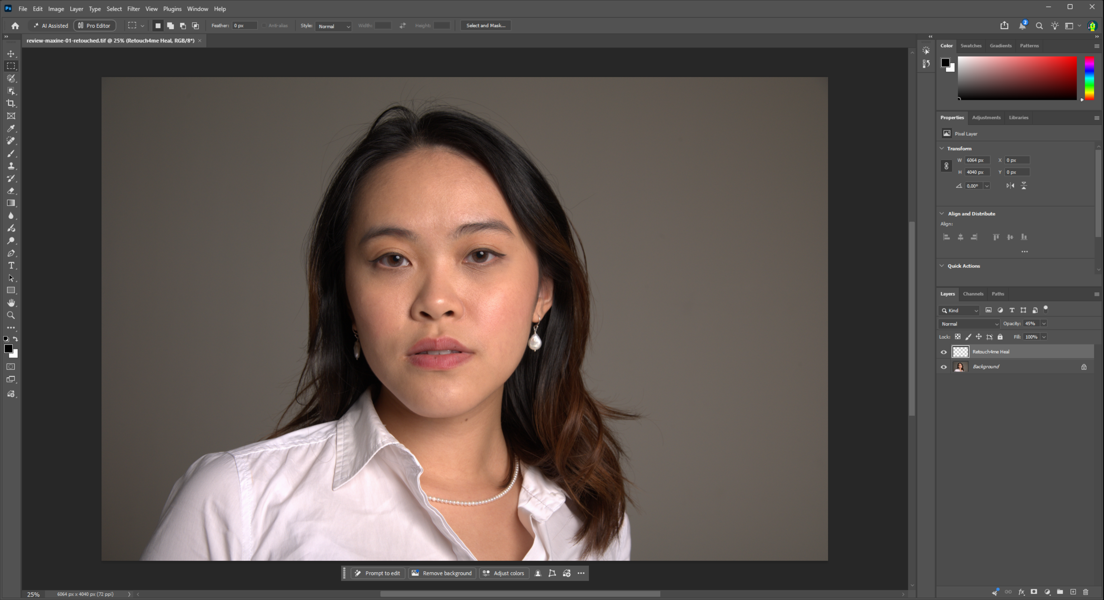 The exported TIFF open in Photoshop with Retouch4me Heal at 45% opacity above Background in the Layers panel.