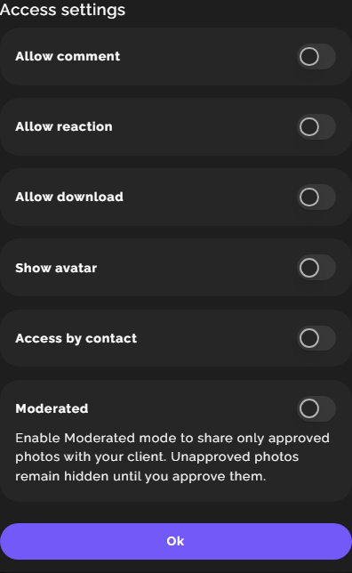 The MyShot Access settings panel with separate controls for comments, reactions, downloads, avatar, contact access, and moderated viewing.