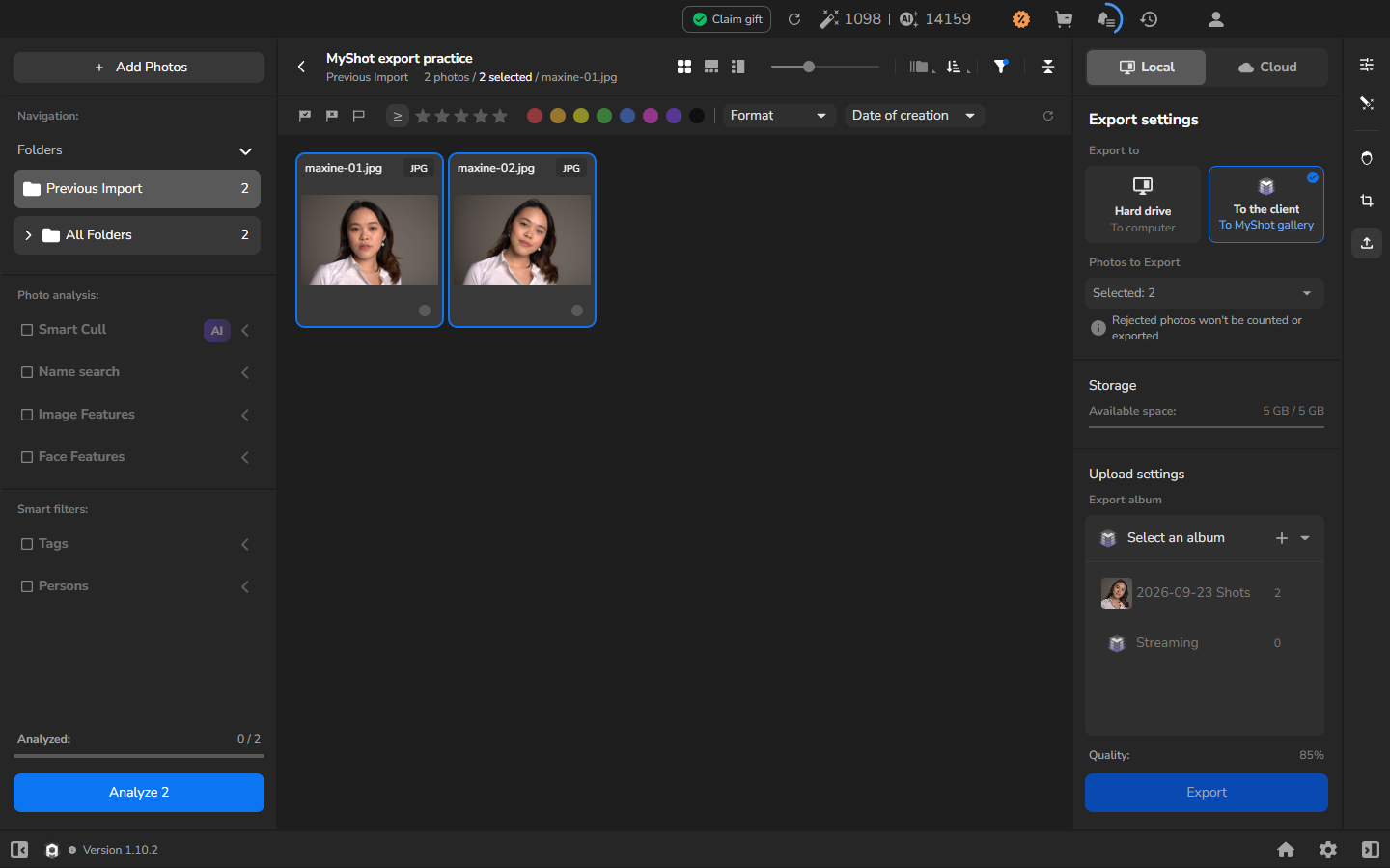 MyShot export settings with two selected portraits and the album list open; the destination album contains two photographs.