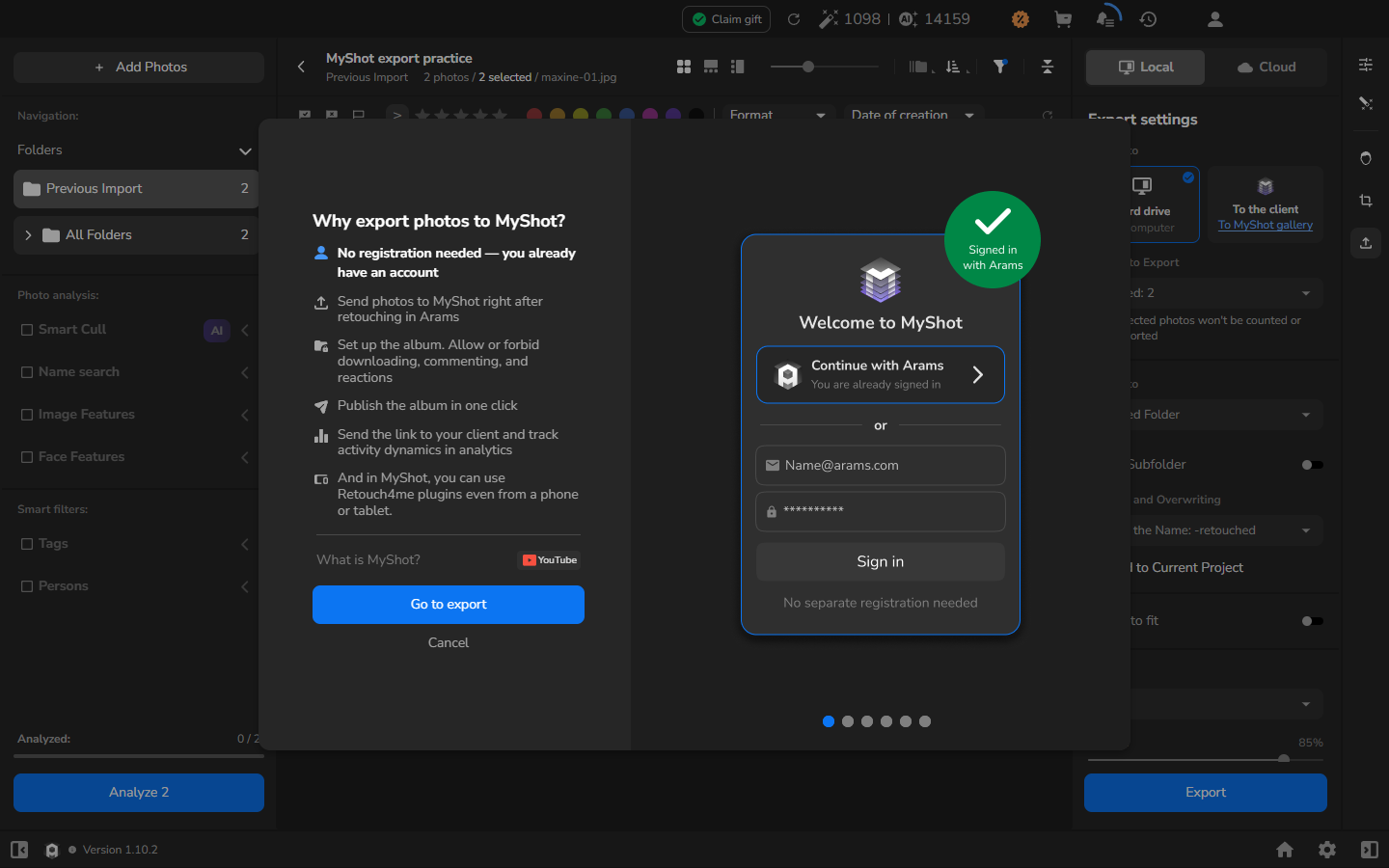 The MyShot export introduction over a project with two selected photographs; the dialog says the user is already signed in through Arams and shows the Go to export button.