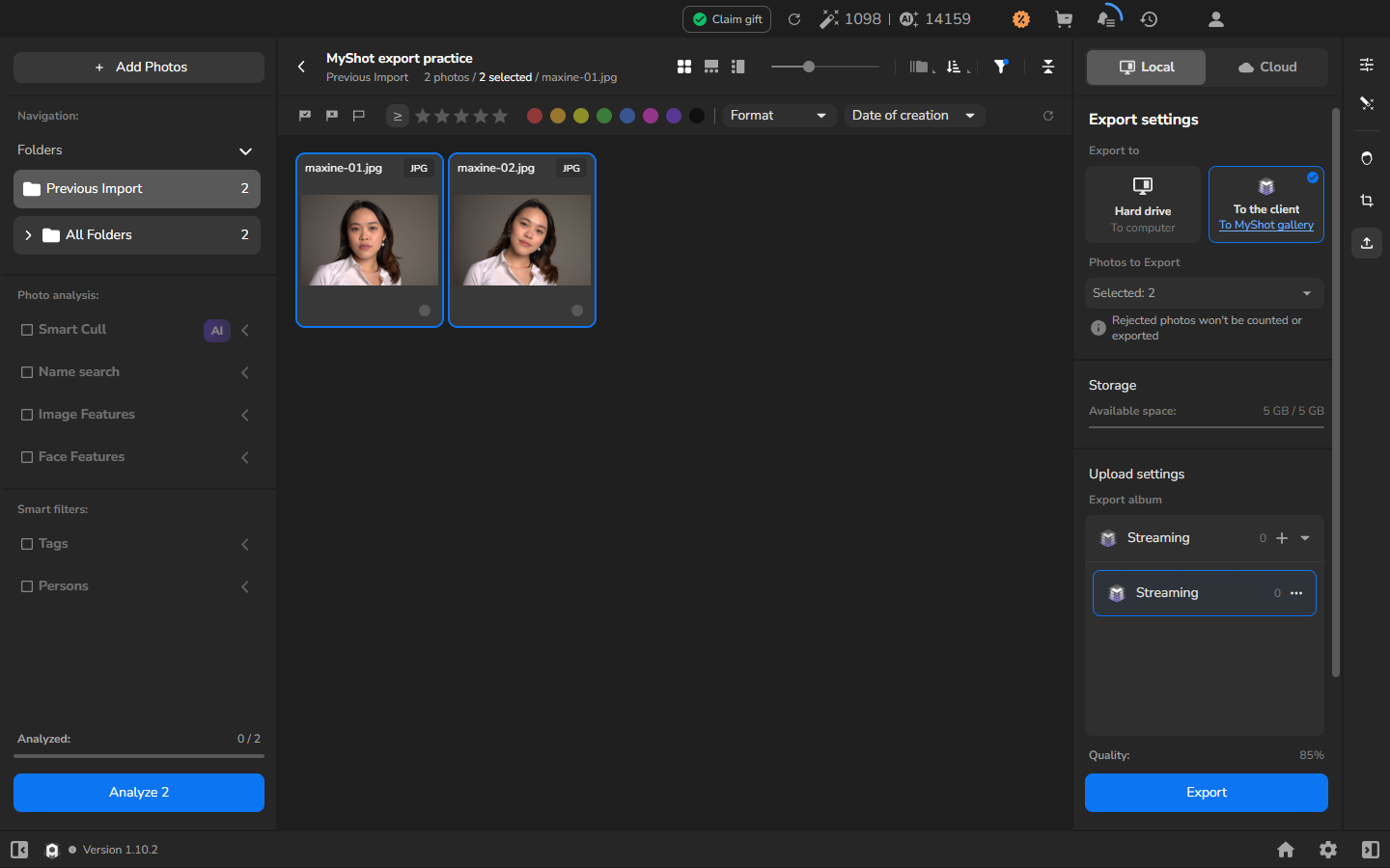 Arams export settings with To the client — To MyShot gallery selected, two portrait photographs selected, 5 GB of 5 GB available, the Streaming album, and the Export button enabled.