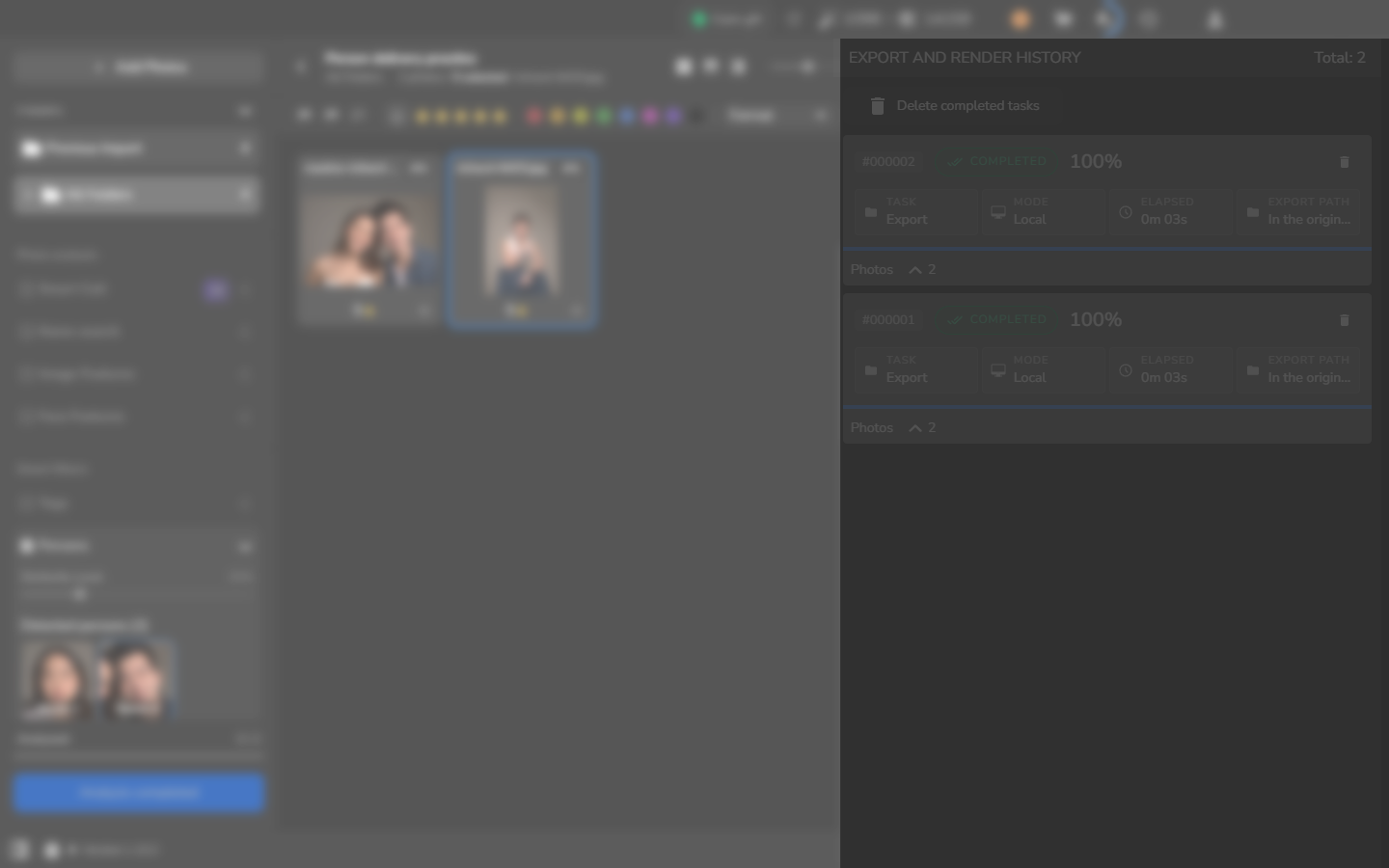 The Export and Render History panel showing two Local Export tasks, each Completed at 100 percent with two photographs.