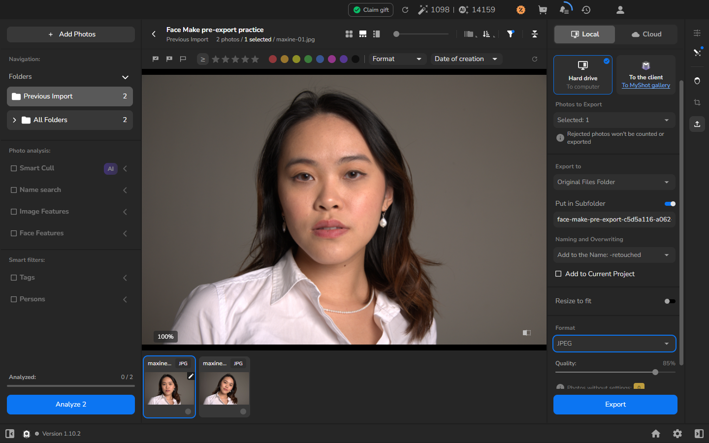 Export settings for one selected photograph showing Hard drive, an original-folder subfolder, Resize to fit off, and JPEG.