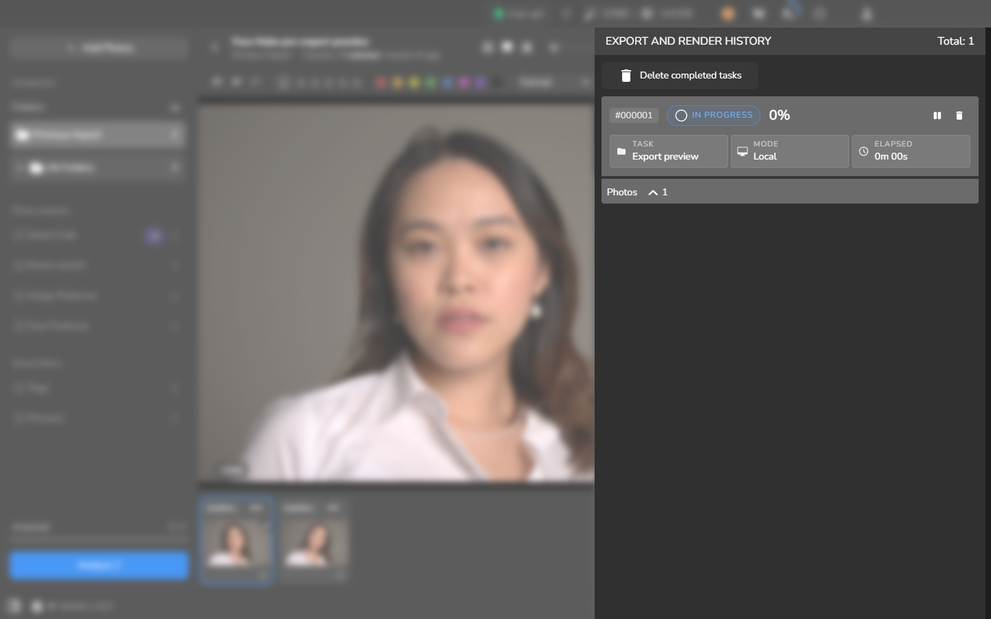 Export and Render History showing one Local Export preview task in progress for one photograph.