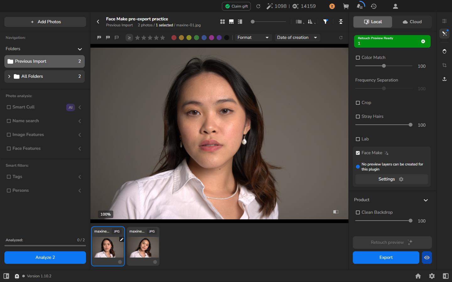 The single-person portrait at 100 percent with Face Make enabled and Retouch Preview Ready shown.