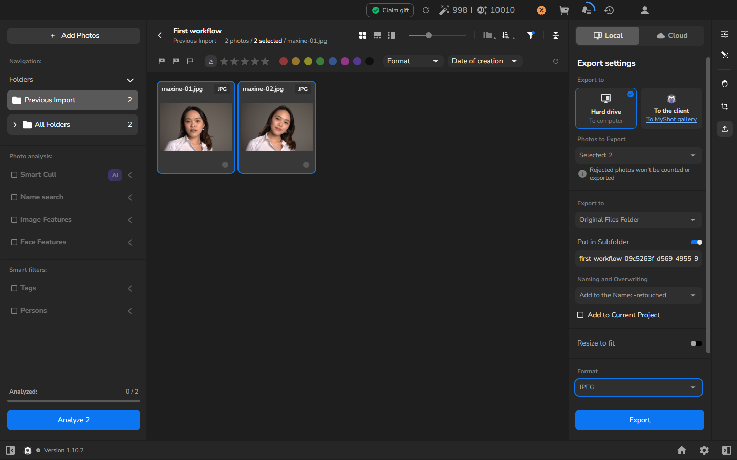 Export settings for the selected photographs: a new subfolder, JPEG, resize off and the -retouched suffix.
