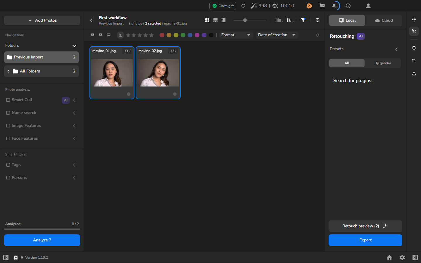 Both full-resolution photographs selected in the First workflow project; the counter shows 2 selected.