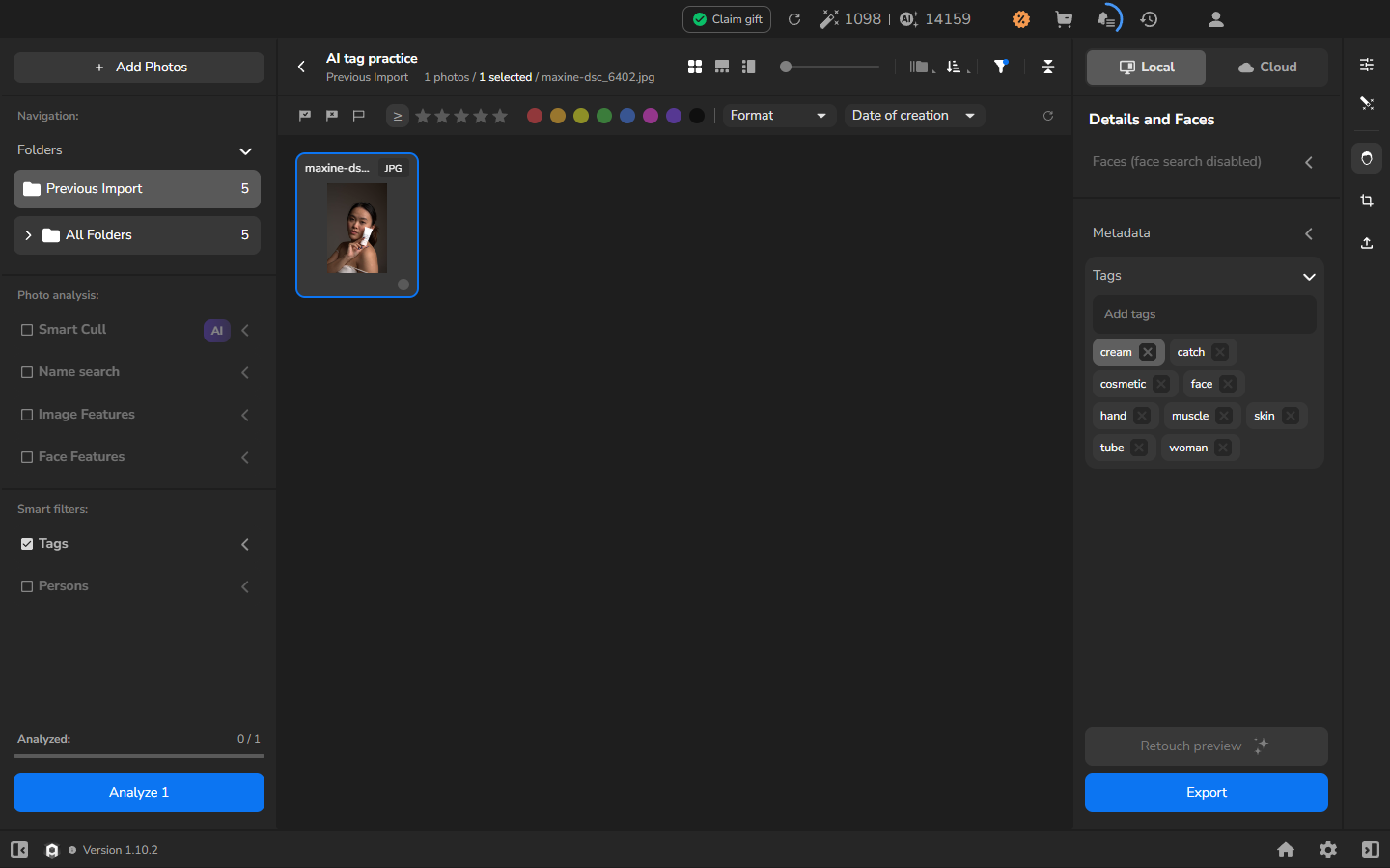 The Tags filter leaves one portrait with cosmetic while Analyzed remains 0/1.
