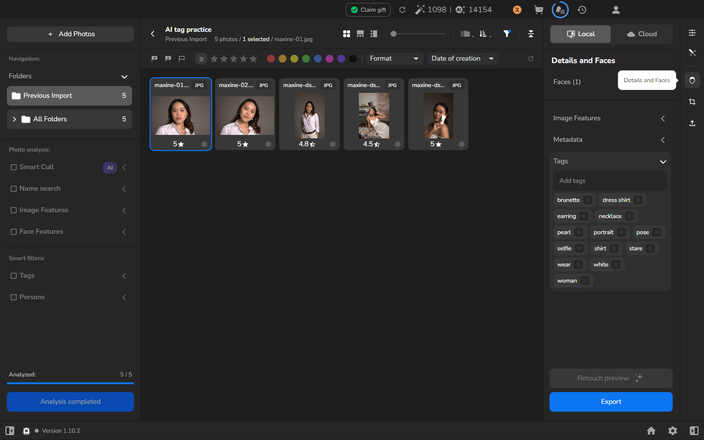 The same gallery with maxine-01.jpg selected and a different generated tag list that does not include cosmetic.