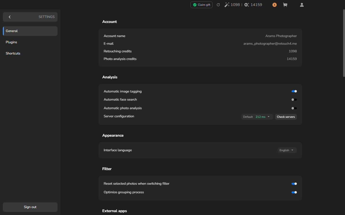 The General settings page with Automatic image tagging enabled after reopening Settings.