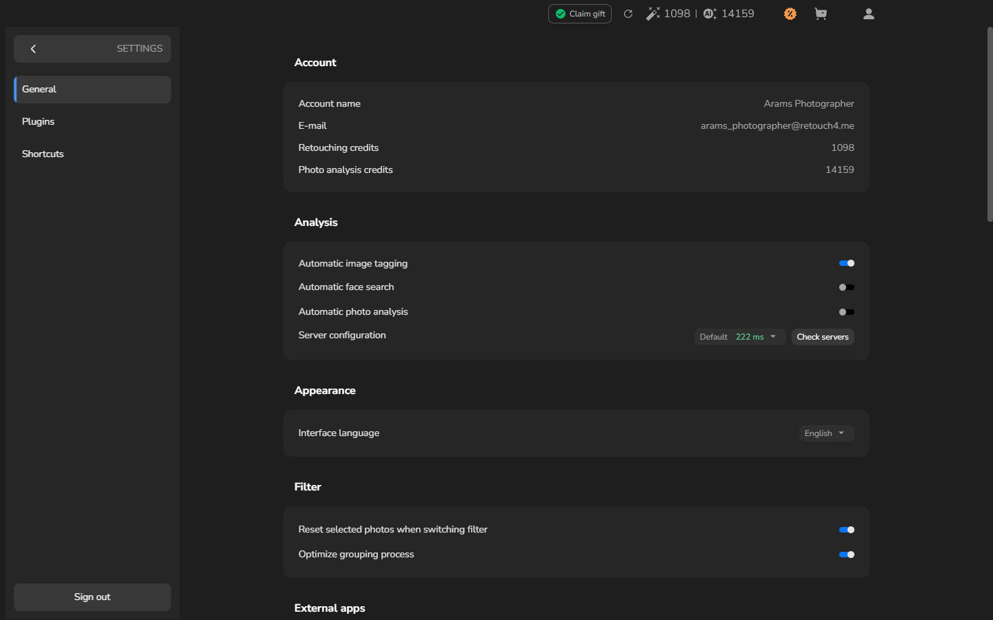 The Arams General settings page with Automatic image tagging enabled after reopening Settings.