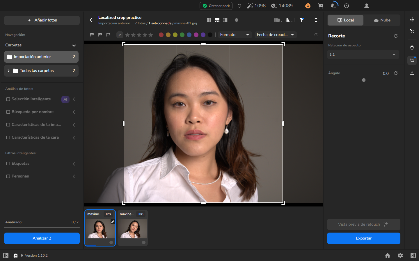 La fotografía maxine-01.jpg en el panel Recorte en español con un marco cuadrado 1:1 y la cuadrícula de recorte.