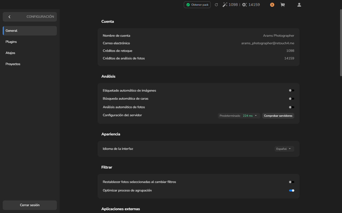 La página «General» con «Restablecer fotos seleccionadas al cambiar filtros» desactivado.