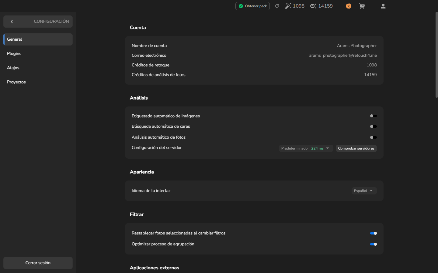 La página «General» con «Restablecer fotos seleccionadas al cambiar filtros» activado.