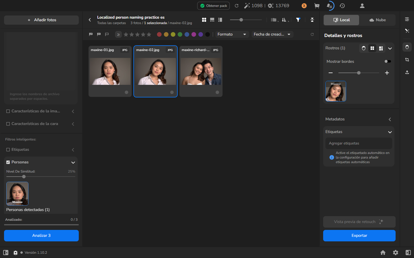 El retrato seleccionado en la interfaz en español tiene un rostro etiquetado como Maxine y el filtro de persona muestra dos retratos individuales y uno compartido.