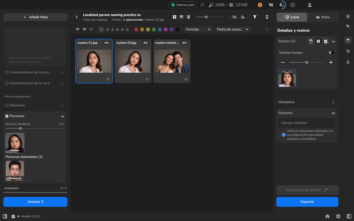 Tras volver a abrir el proyecto en la interfaz en español, el filtro Maxine conserva dos retratos individuales y uno compartido, y el retrato asignado por error sigue oculto.