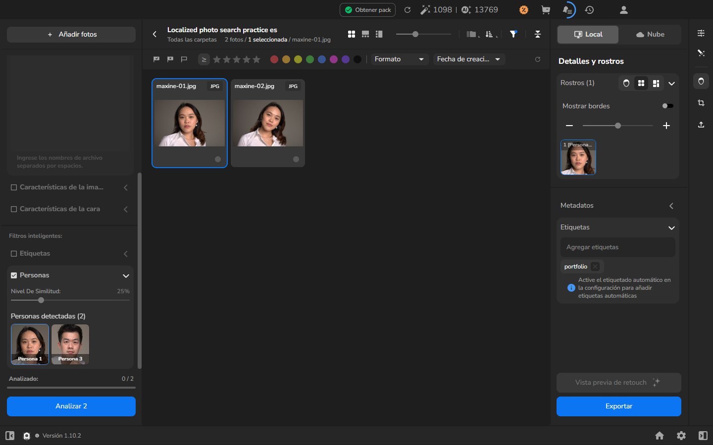 En el filtro Personas en español hay seleccionado un clúster detectado automáticamente y quedan dos retratos en la cuadrícula.