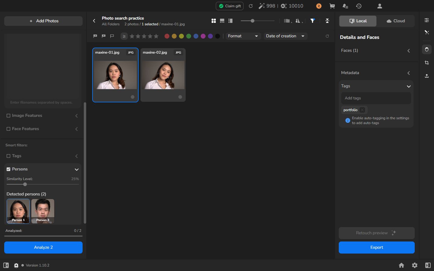 The Persons filter with two detected clusters; Person 1 is selected and two portraits remain in the grid.