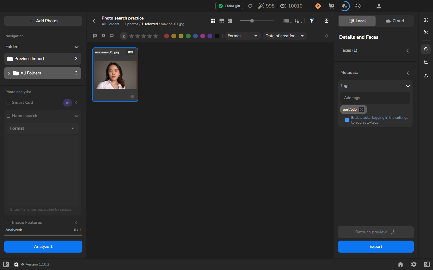The manual portfolio tag in Details and Faces filtering the grid to maxine-01.jpg.