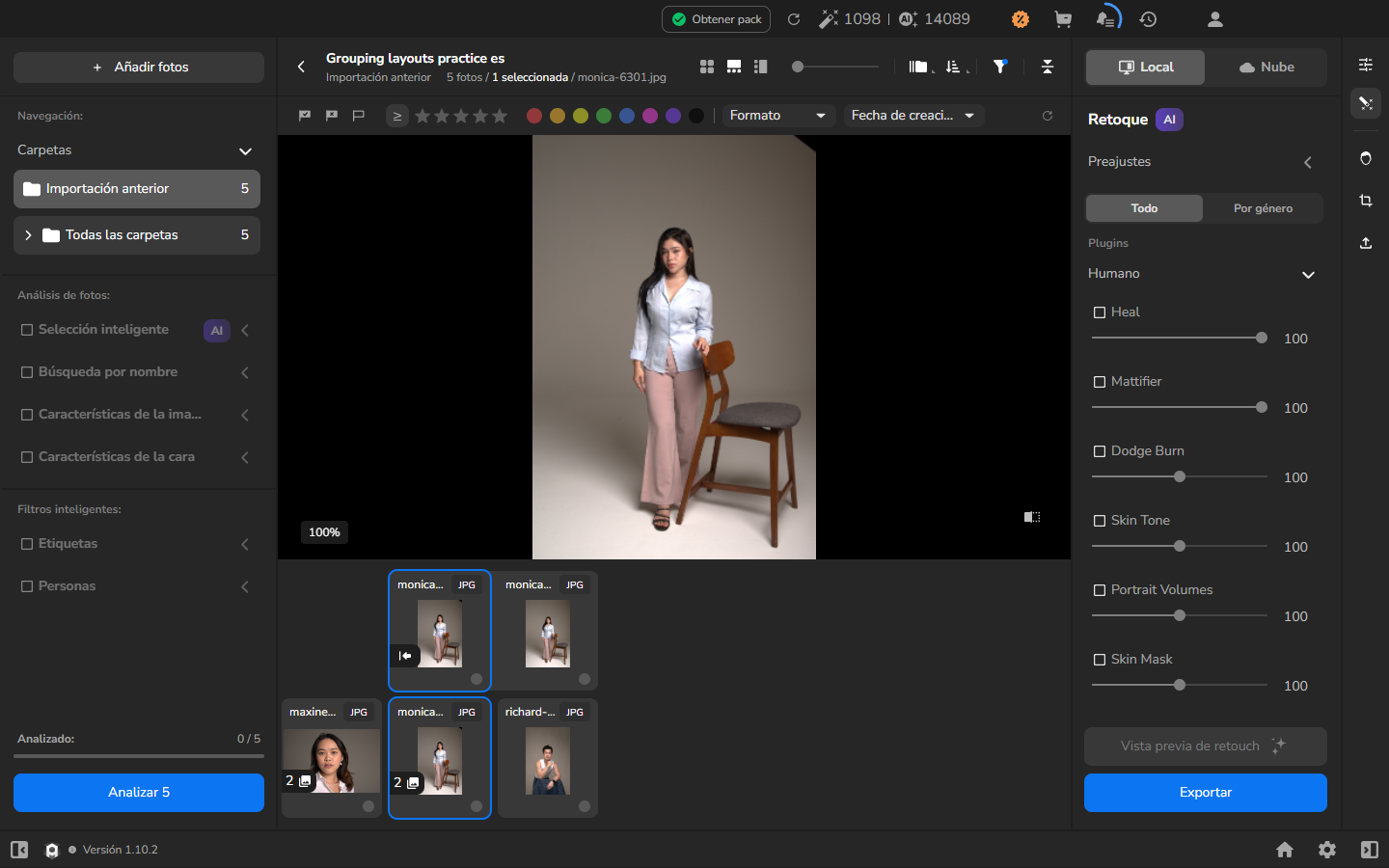Tras seleccionar el grupo Monica, la segunda tira horizontal muestra sus dos miembros y la vista grande muestra el miembro activo.