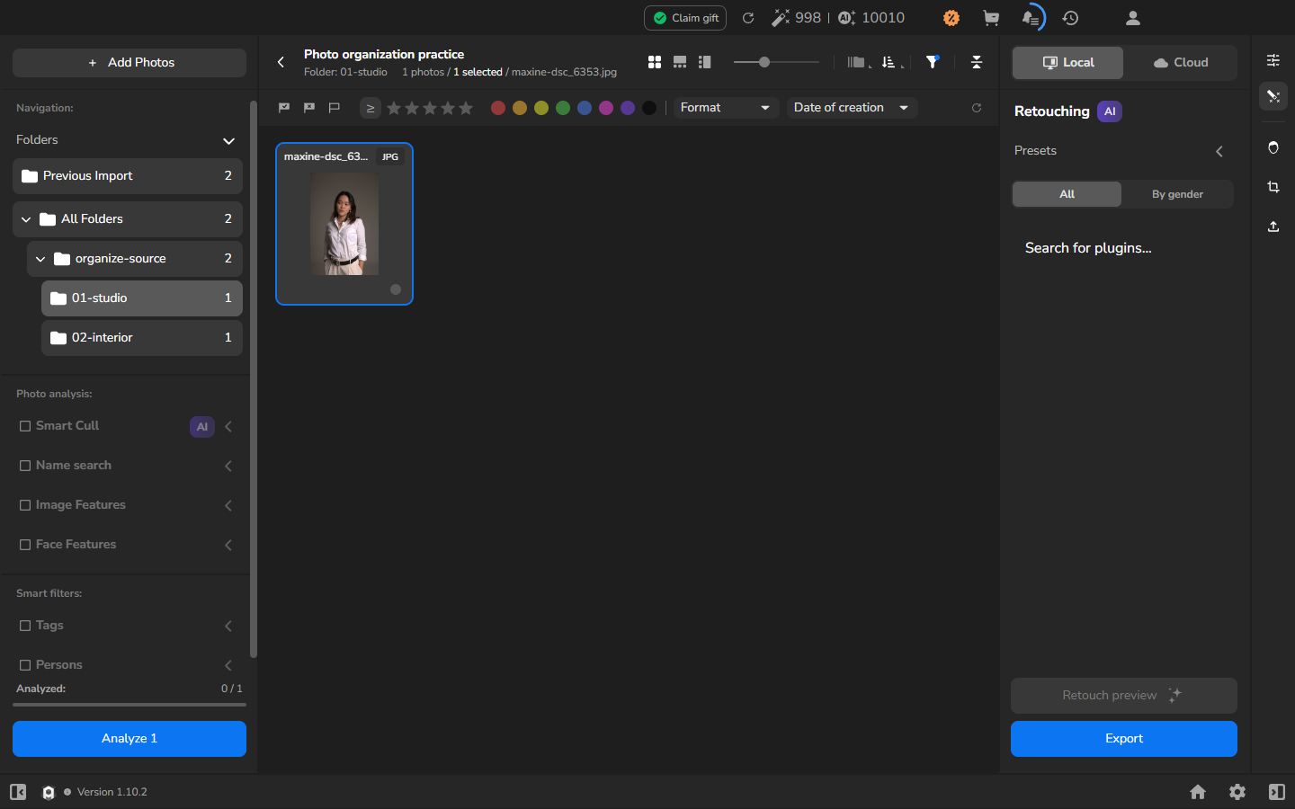 The 01-studio source folder selected in Arams, showing one full-resolution studio portrait and separate counts for 01-studio and 02-interior.