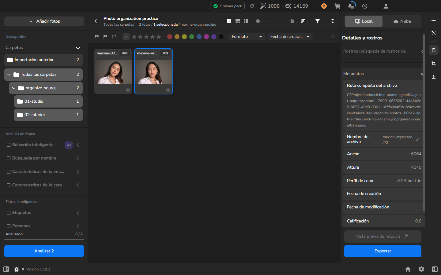 El retrato de estudio seleccionado se ha renombrado a maxine-organized.jpg; el nombre nuevo y las dimensiones 6064 × 4040 aparecen en Metadatos.