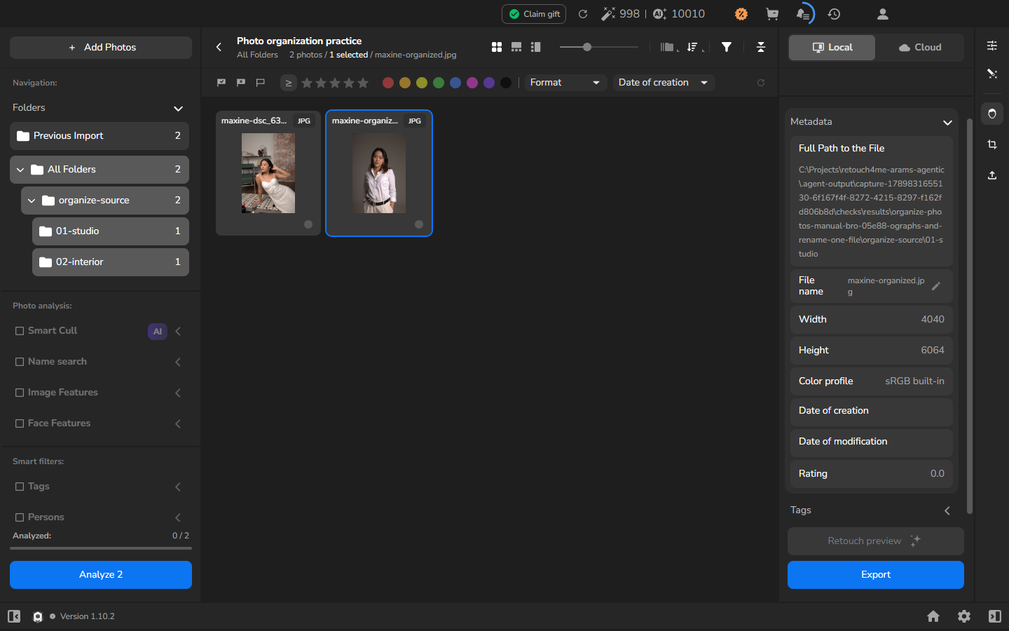 The selected studio portrait renamed to maxine-organized.jpg, with the same portrait and 4040 by 6064 dimensions visible in Metadata.
