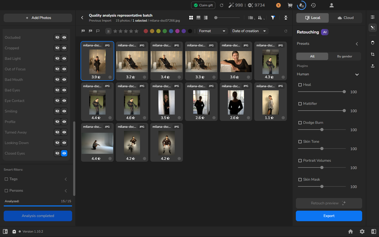 The Closed Eyes filter in Arams leaves 15 of 80 photographs, with the full-resolution candidates visible in the grid for manual review.