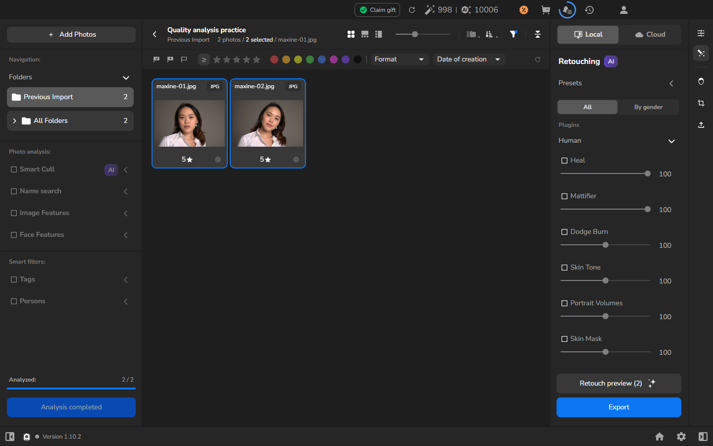Two full-resolution Maxine photographs selected in an Arams project, with the counter reading Analyzed: 2 / 2 and the button reading Analysis completed.