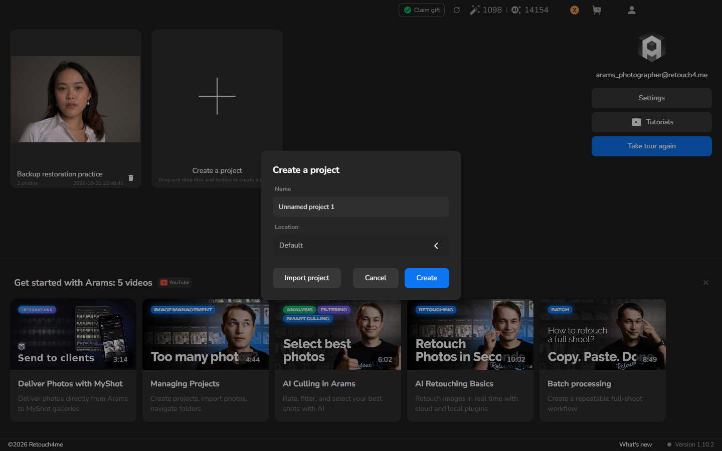 The Create a project dialog on the Arams home screen with the Import project button.