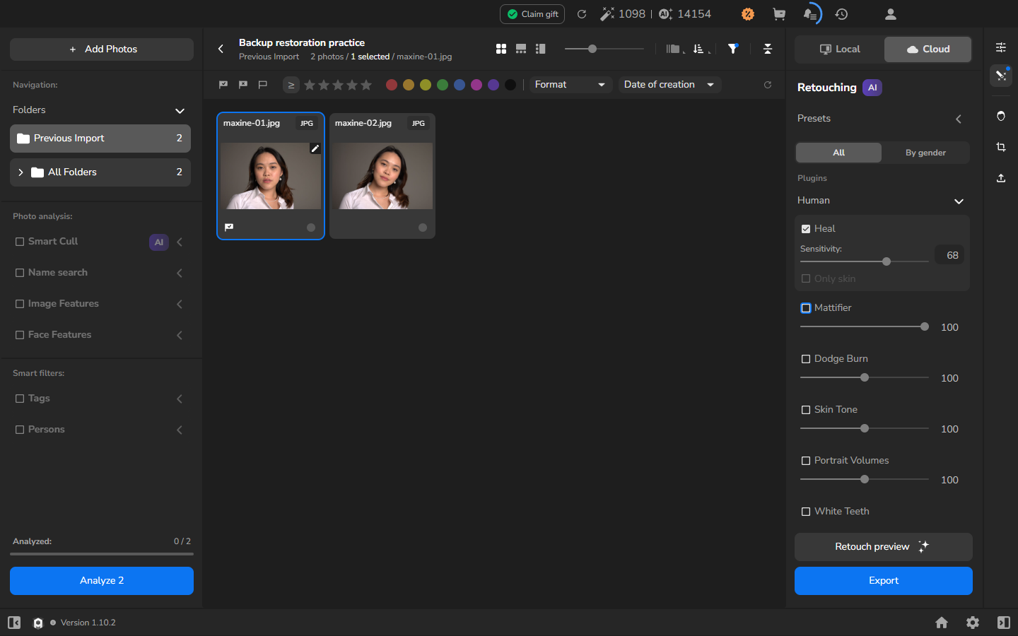 The Backup restoration practice project with two portraits; maxine-01.jpg is selected and Heal is enabled at Sensitivity 68.
