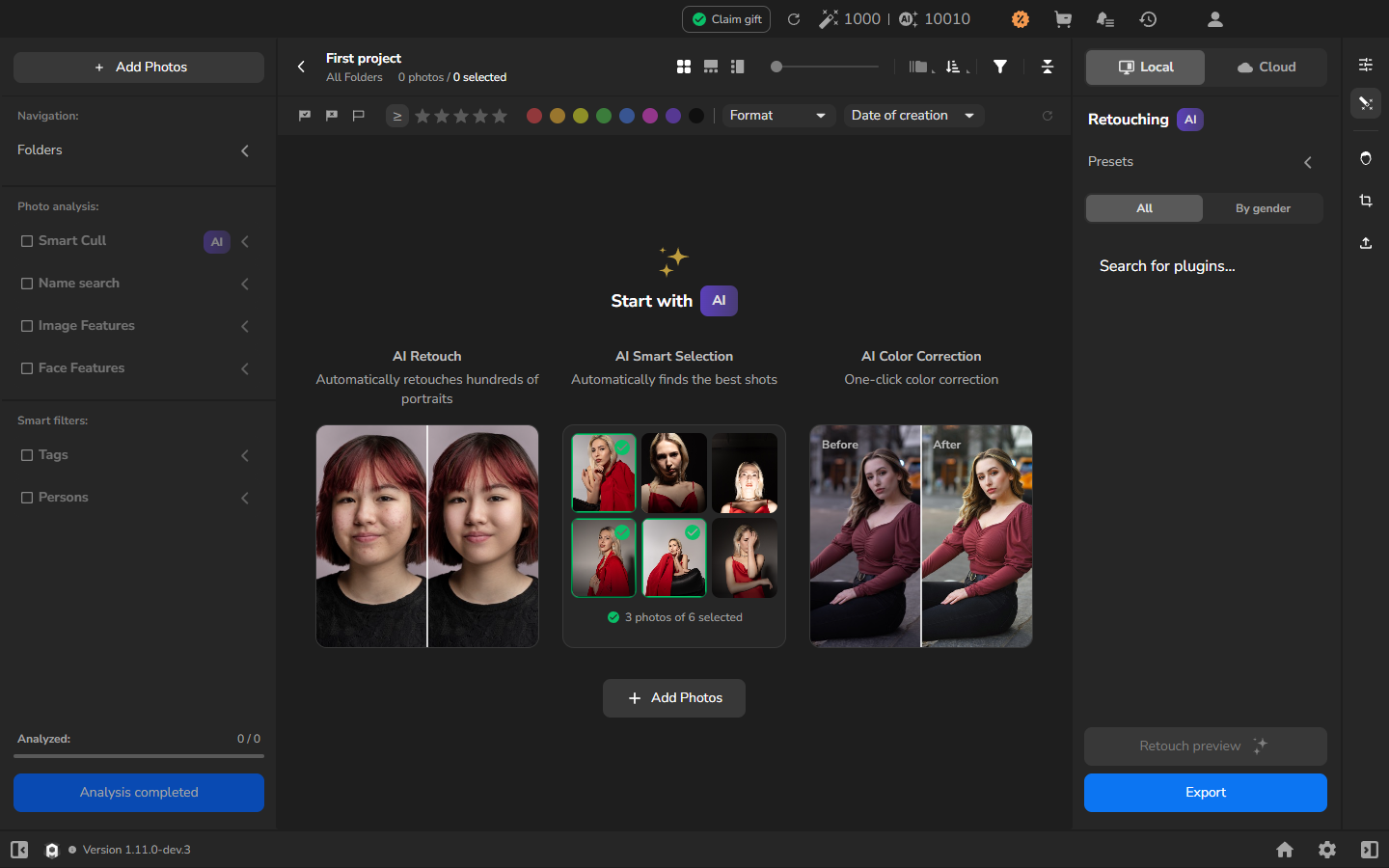 Empty First project showing 0 photos and the Add Photos button