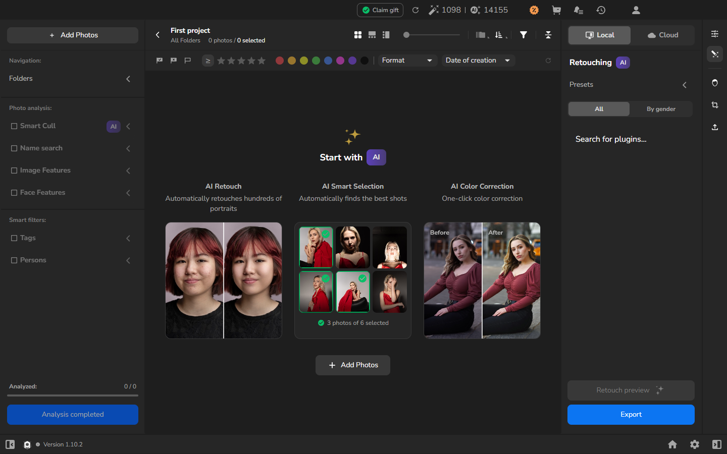 Empty First project showing 0 photos and the Add Photos button
