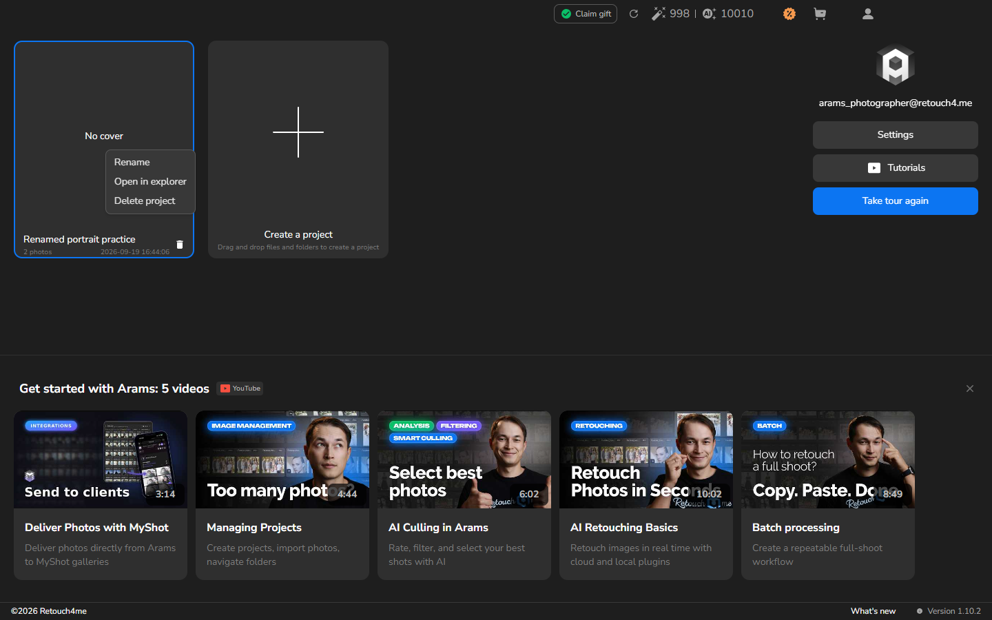 Context menu for Renamed portrait practice showing Rename, Open in explorer, and Delete project.