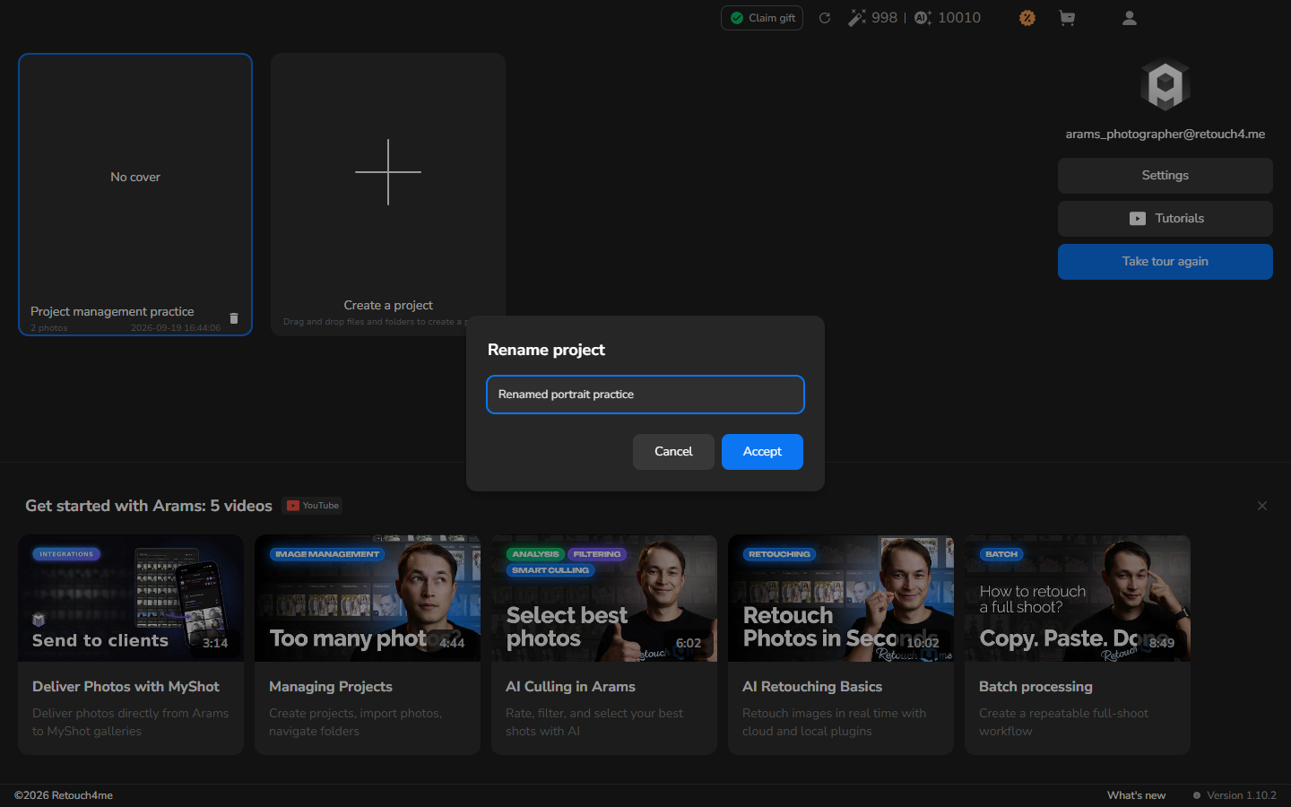 Rename project dialog containing the new name Renamed portrait practice and the Accept button.