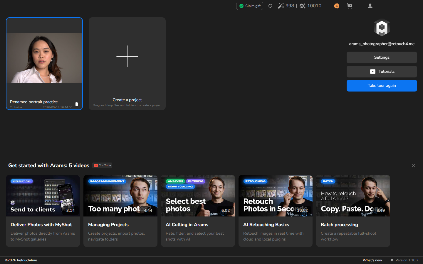 Arams home screen showing the reopened Renamed portrait practice project with a cover portrait and two-photo count.