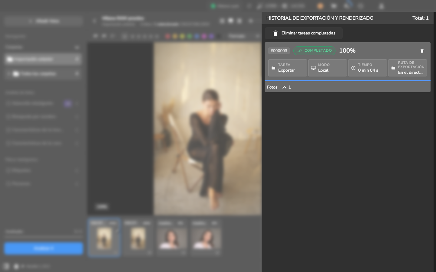 El Historial de exportación y renderizado con una tarea de exportación local en estado COMPLETADO al 100 %.