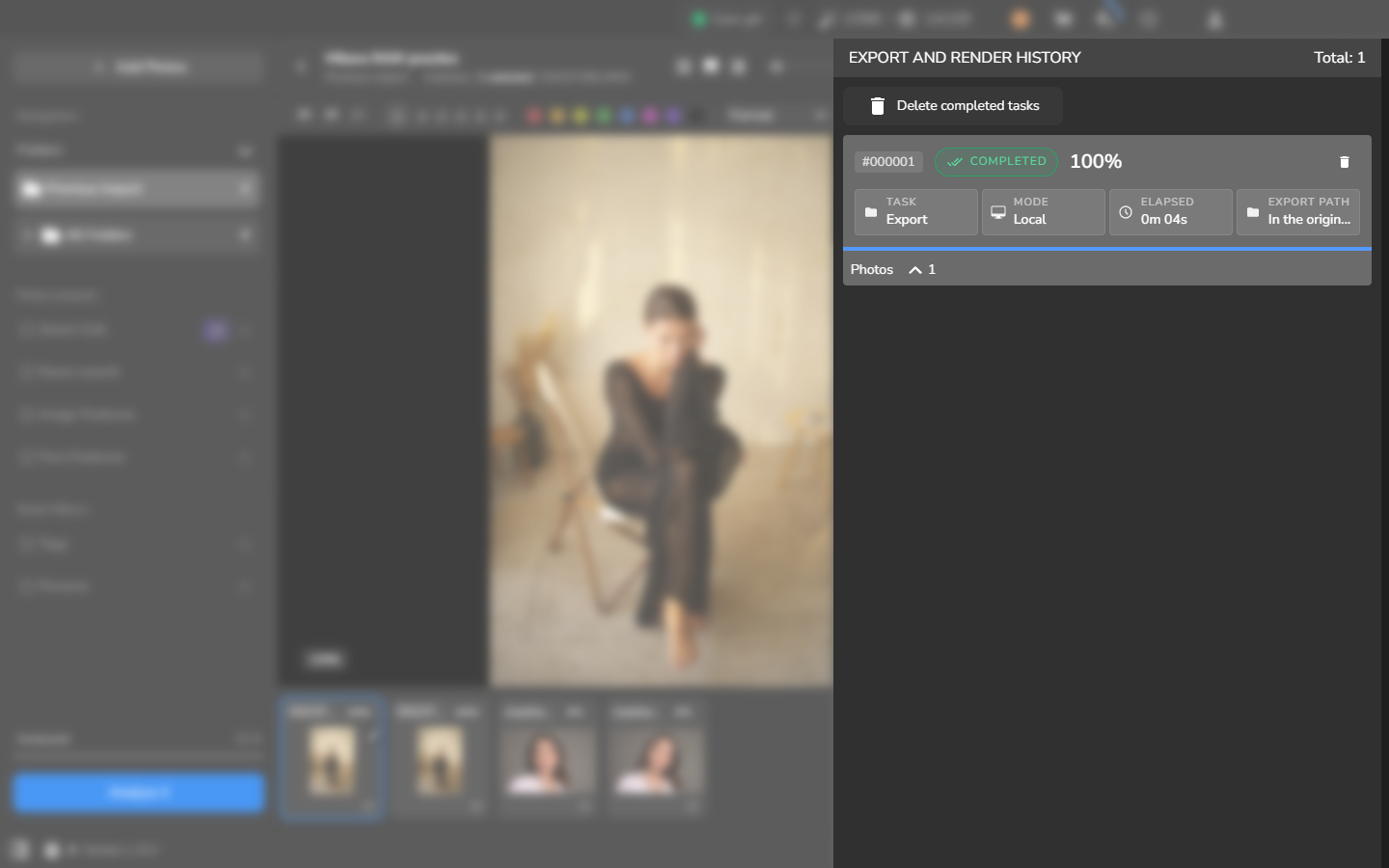 Export and Render History showing one Export task marked COMPLETED at 100 percent.