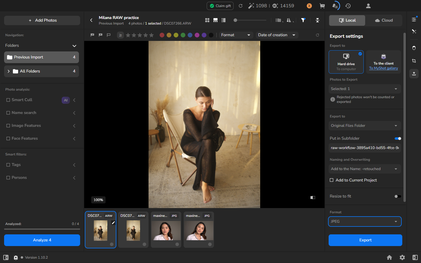 Export settings for the selected ARW, targeting a hard-drive subfolder with resizing off and JPEG selected.