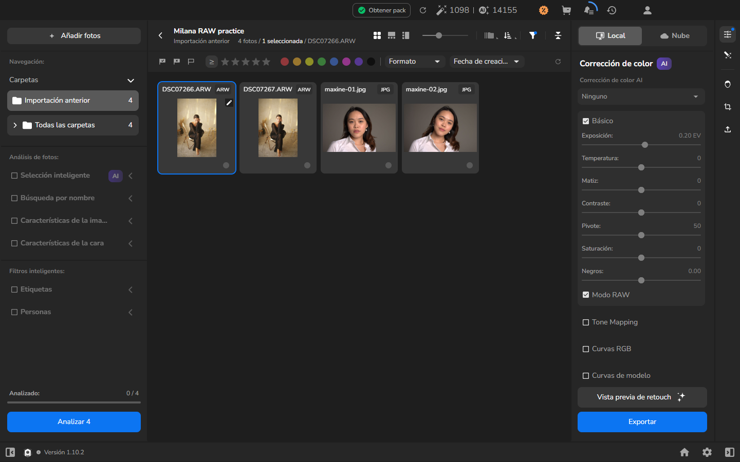 El proyecto Milana RAW practice reabierto en español con dos archivos ARW, dos JPEG y el valor de Exposición 0.20 EV conservado.