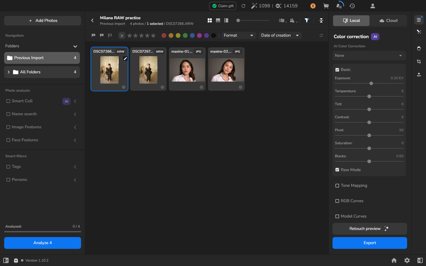 The reopened Milana RAW practice project showing two ARW files, two JPEG files, and the retained Exposure value of 0.20 EV.
