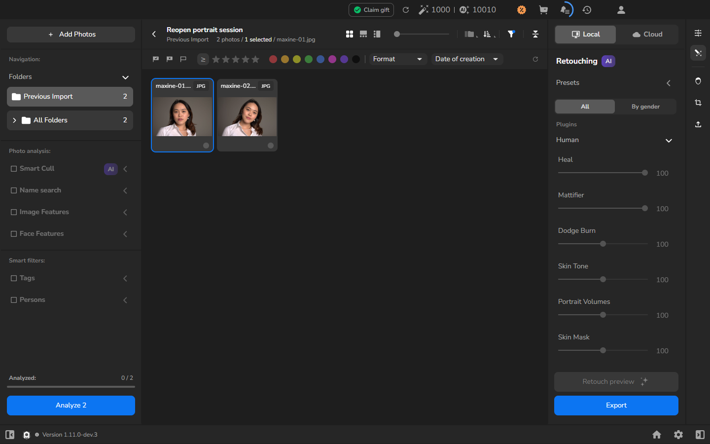 Reopened Reopen portrait session project showing two portrait thumbnails and a 2 photos counter