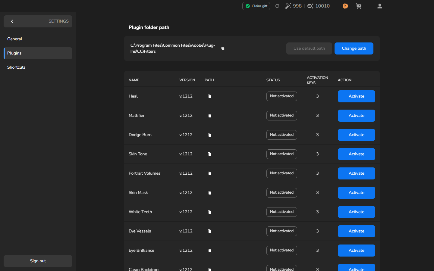 Heal v.1212 shows Not activated, 3 Activation Keys and an enabled Activate button in Settings, Plugins.