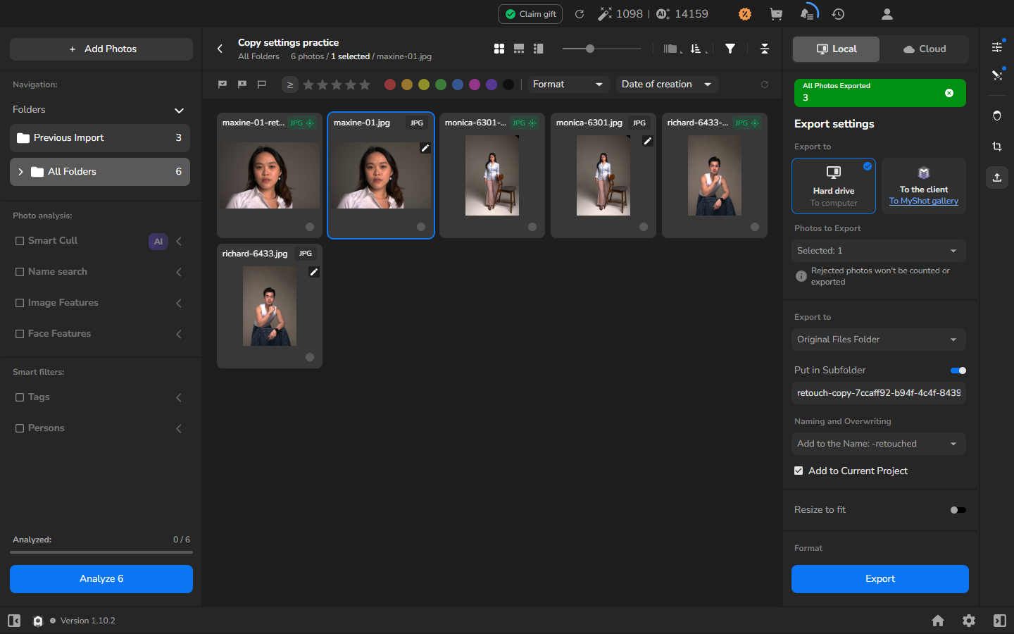 All Folders showing three source photographs and three JPEG copies with the -retouched suffix, with All Photos Exported reporting three photographs.