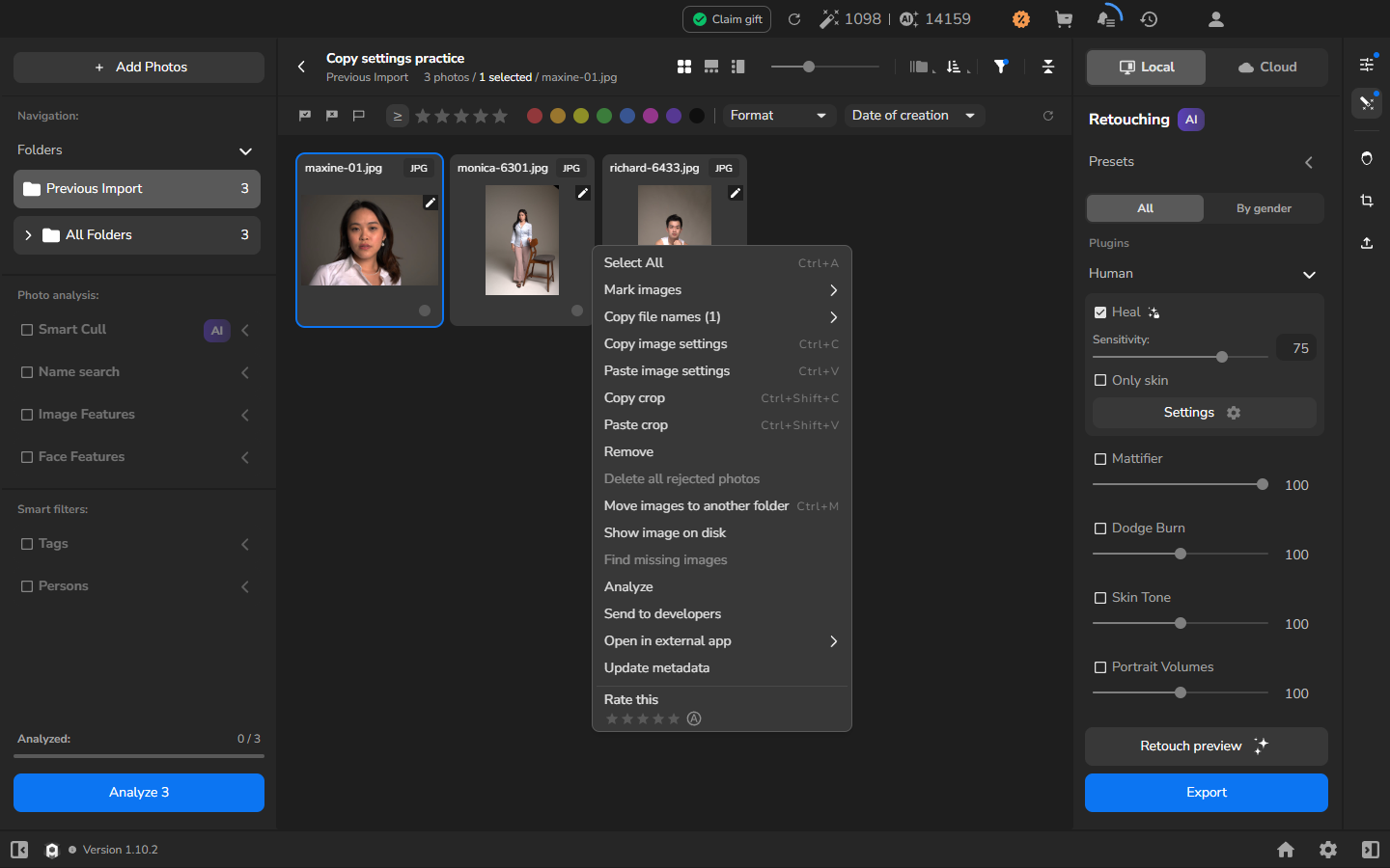 The context menu for maxine-01.jpg showing Copy image settings, Paste image settings, Copy crop, and Paste crop, with Heal enabled at 75 on the right.